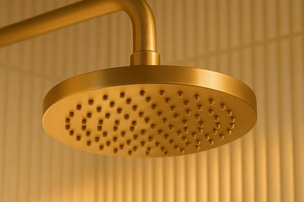 Close-up of the brass rain shower head against fluted tile