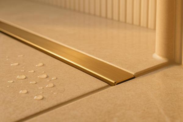 Close-up of the low curbless threshold with a brass linear drain