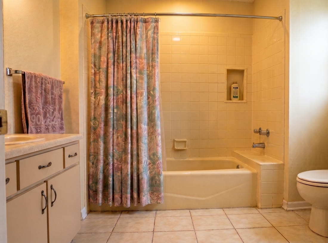 A dated bathtub with a plastic shower curtain before the remodel.